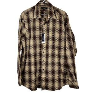 Andrew David Made In USA‎ Shirt Mens L Brown Beige Checkered Long Sleeve